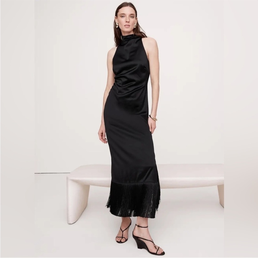 Banana Republic Black Satin Halter Maxi Dress with Fringe Hem